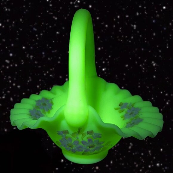 Fenton Basket Custard Uranium Glass Satin Textured Ruffled Signed J Brown Floral - Picture 1 of 14